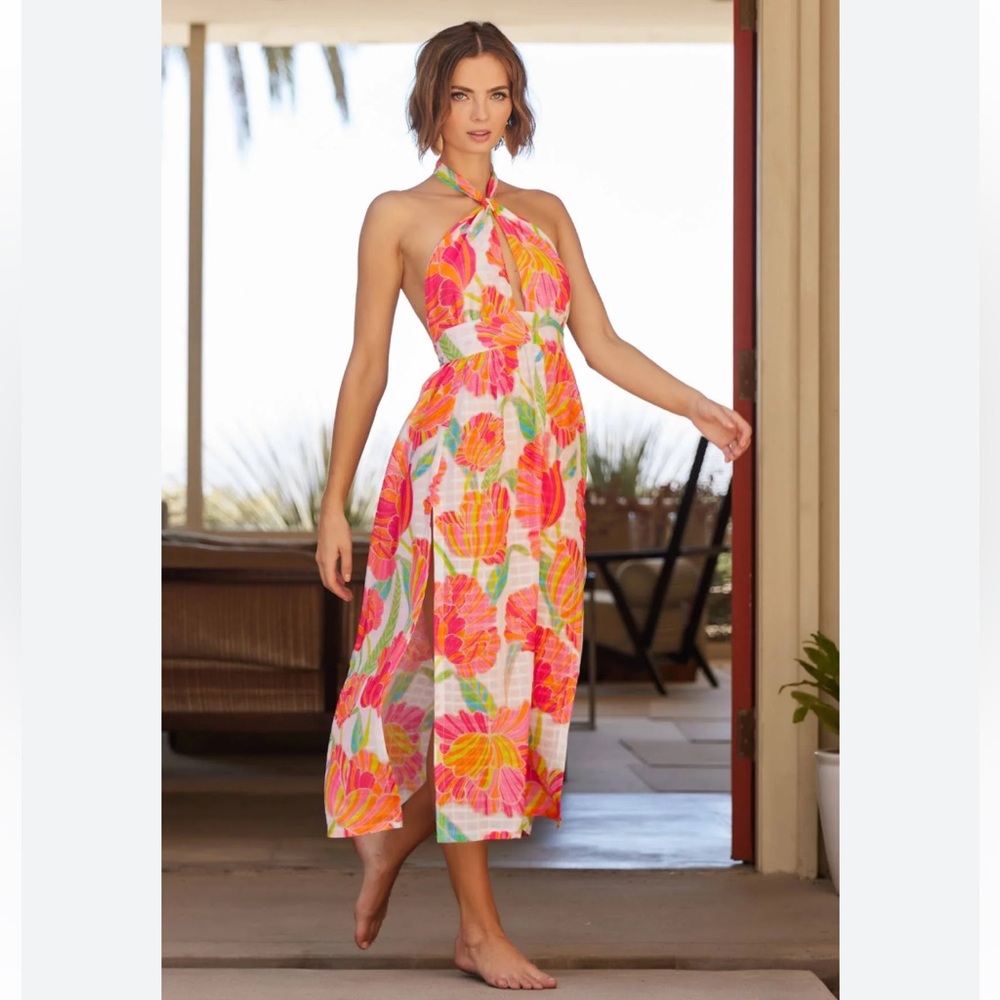 Trina Turk Poppy Floral Print High Neck Midi Dress Swim Cover Up Size Large NWT - Picture 2 of 14